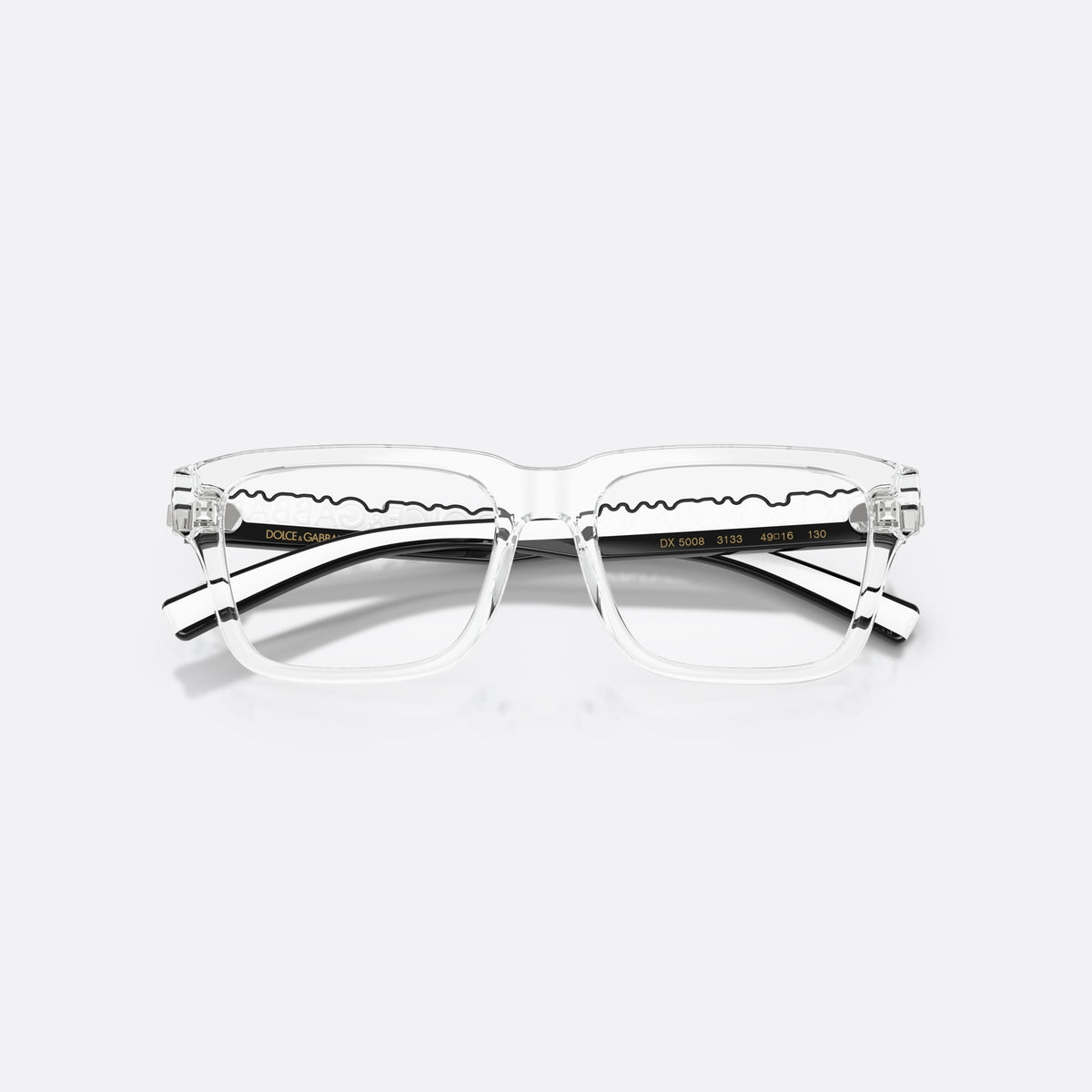 Dolce & Gabbana DX5008 3133 eyeglasses, clear rectangle frame for kids, plain bridge, brand lettering on temples, flat temples, folded