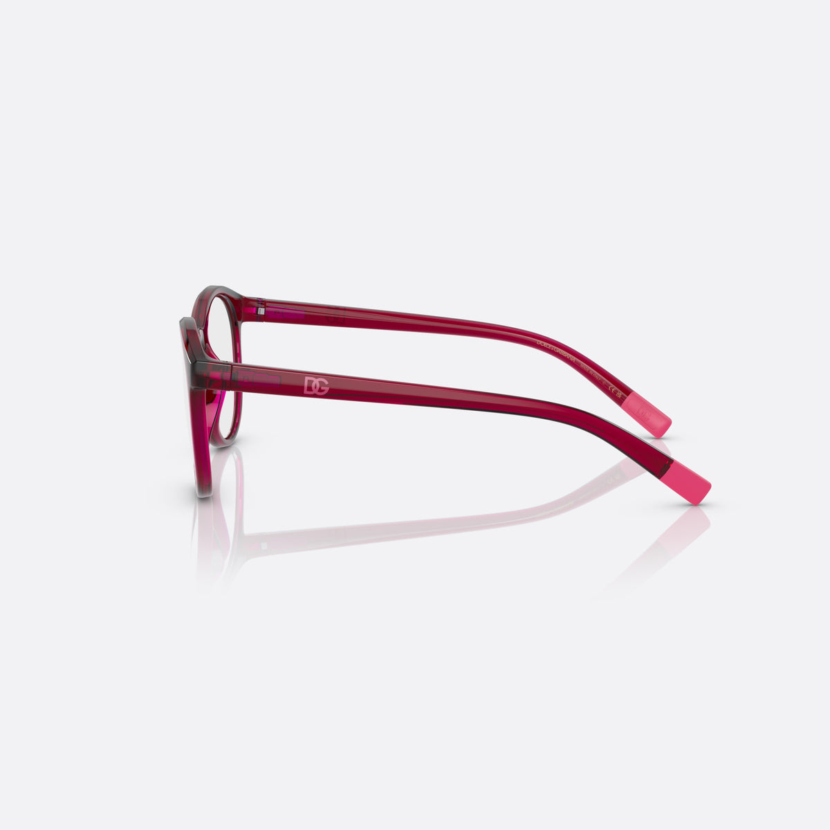 Dolce & Gabbana DX5095 1551 eyeglasses, red phantos frame for kids, plain bridge, brand logo on temple, silver-tone hinge, side view