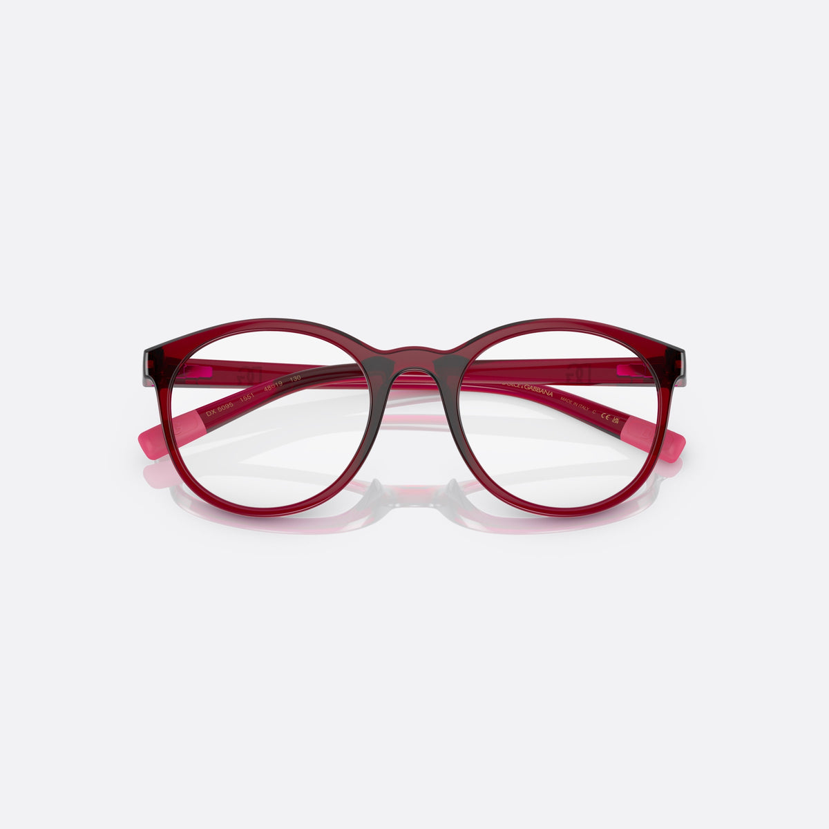 Dolce & Gabbana DX5095 1551 eyeglasses, red phantos frame for kids, plain bridge, brand logo on temple, silver-tone hinge, folded