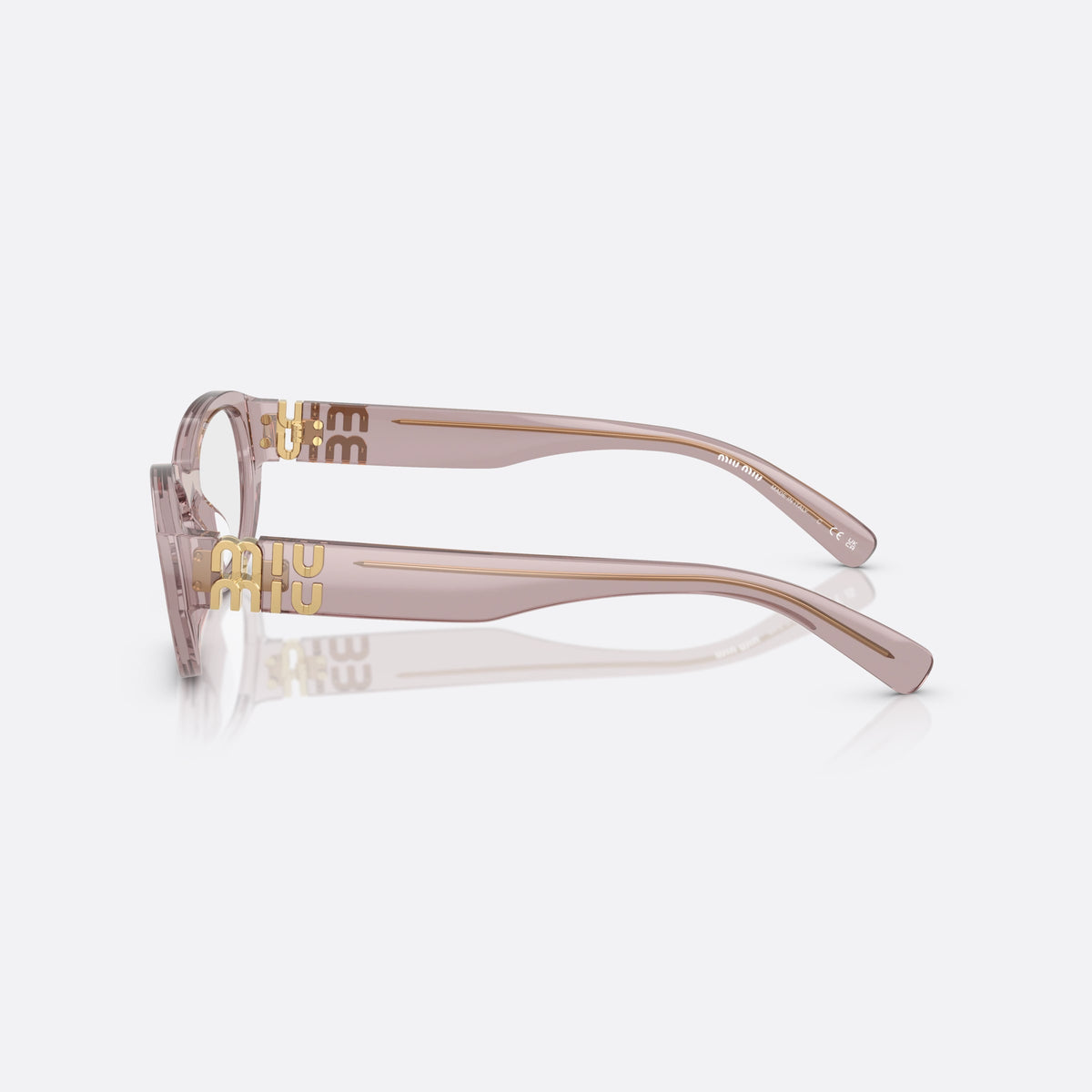 Miu Miu 0MU 03WV 12W1O1 eyeglasses, violet cat eye frame for women, plain bridge, brand lettering on temples, side view