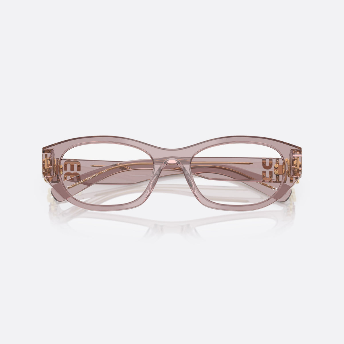 Miu Miu 0MU 03WV 12W1O1 eyeglasses, violet cat eye frame for women, plain bridge, brand lettering on temples, folded