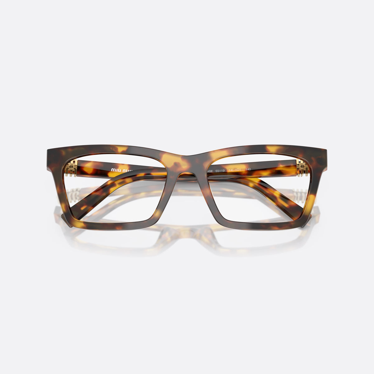 Miu Miu MU 04WV 14L1O1 eyeglasses, havana squared frame for women, plain bridge, brand lettering on temple, folded