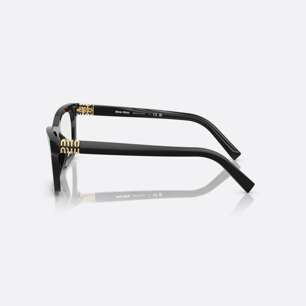Miu Miu MU 04WV 16K1O1 eyeglasses, black squared frame for women, plain bridge, brand lettering on temples, full-rim frame, side view
