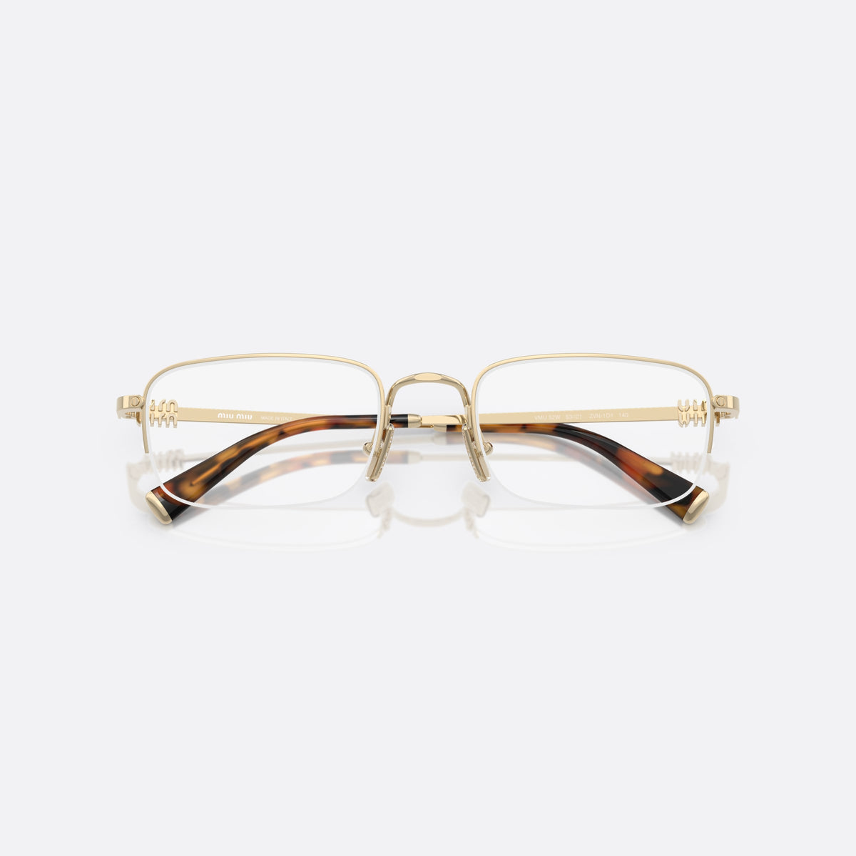 Rame ochelari de vedere Miu Miu 0MU 52WV ZVN1O1, rectangulari auriu, pentru femei, punte metalică simplă, literele brandului pe brațe, cu brațele pliate