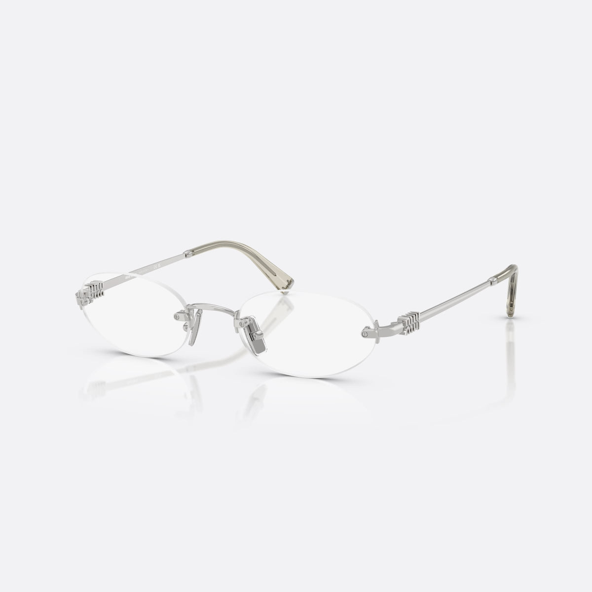 Miu Miu 0MU 53WV 1BC1O1 eyeglasses, silver oval frame for women, metal bridge with nose pads, small rivet-style hinges