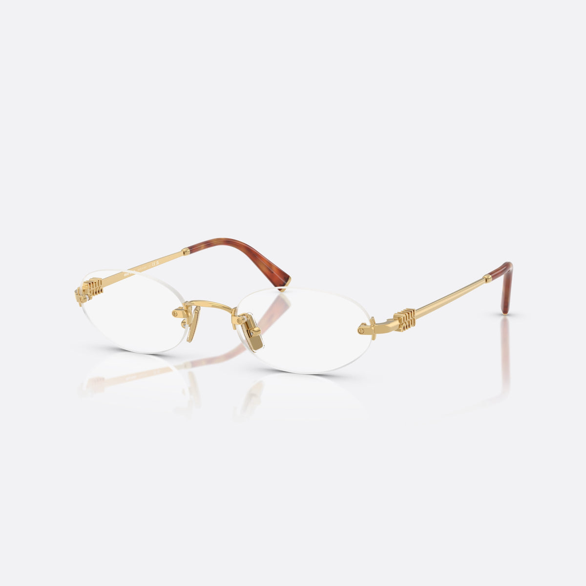 Miu Miu 0MU 53WV 5AK1O1 eyeglasses, gold oval frame for women, metal bridge with pads, brand lettering on temples