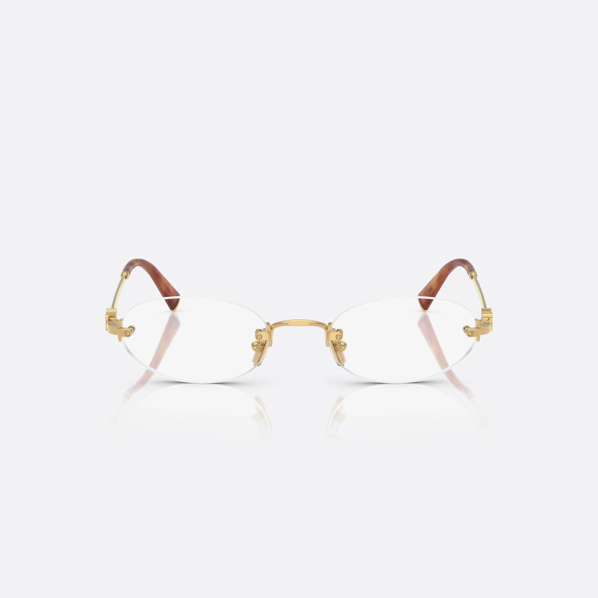 Miu Miu 0MU 53WV 5AK1O1 eyeglasses, gold oval frame for women, metal bridge with pads, brand lettering on temples, front view