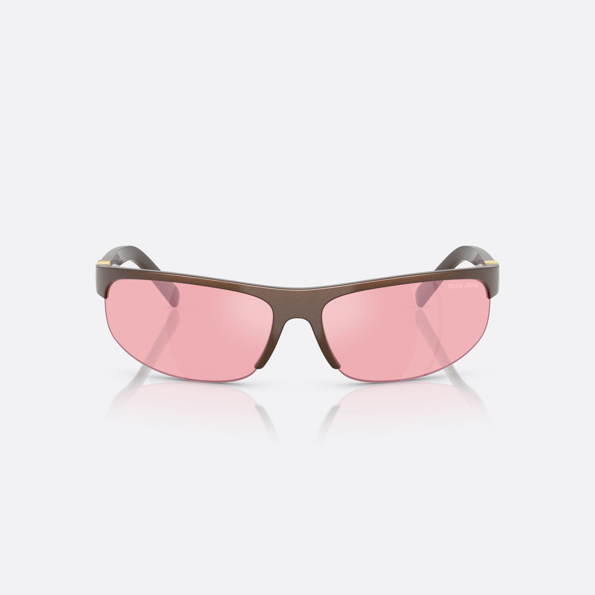 Miu Miu 0MU A02S 14Y70J sunglasses, brown oval frame for women, plain bridge, brand logo plaque on temples, front view