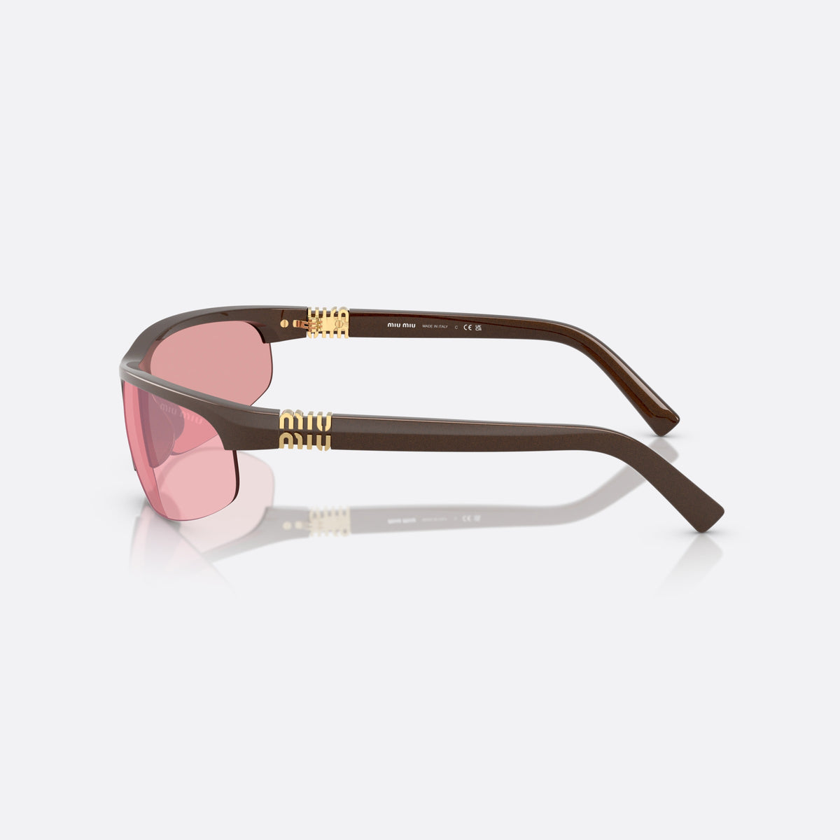 Miu Miu 0MU A02S 14Y70J sunglasses, brown oval frame for women, plain bridge, brand logo plaque on temples, side view