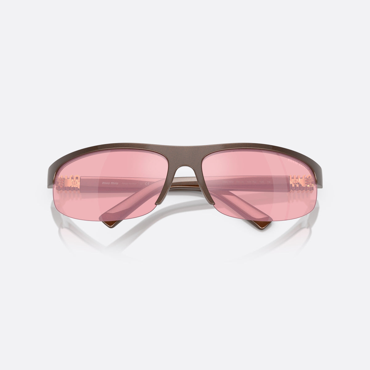 Miu Miu 0MU A02S 14Y70J sunglasses, brown oval frame for women, plain bridge, brand logo plaque on temples, folded