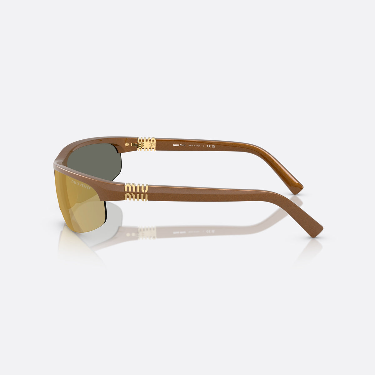 Ochelari de soare Miu Miu 0MU A02S 16Y8G1, ovali maro, pentru femei, punte integrată simplă, literele brandului pe brațe, vedere laterală