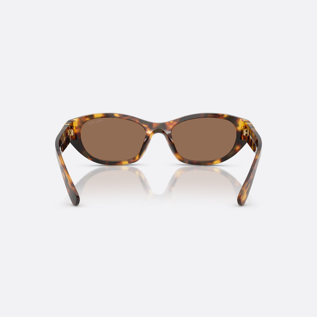 Miu Miu 0MU A03S 14L60M sunglasses, havana oval frame for women, plain integrated bridge, brand logo on temple, back view