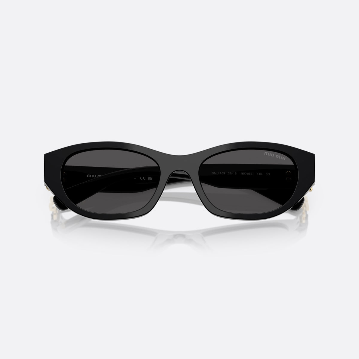 Ochelari de soare Miu Miu 0MU A03S 16K08Z, ovali negru, pentru femei, punte simplă, logo brand pe brațe, brațe late conice, cu brațele pliate