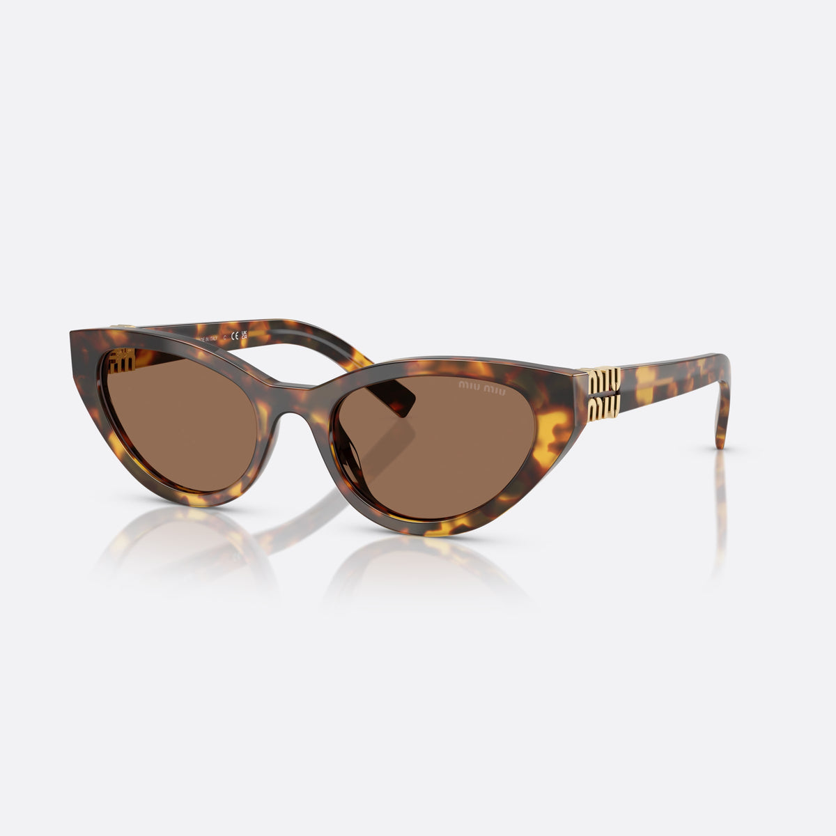 Miu Miu 0MU A04S 14L60M sunglasses, havana cat eye frame for women, plain bridge, brand lettering on temples, full-rim frame
