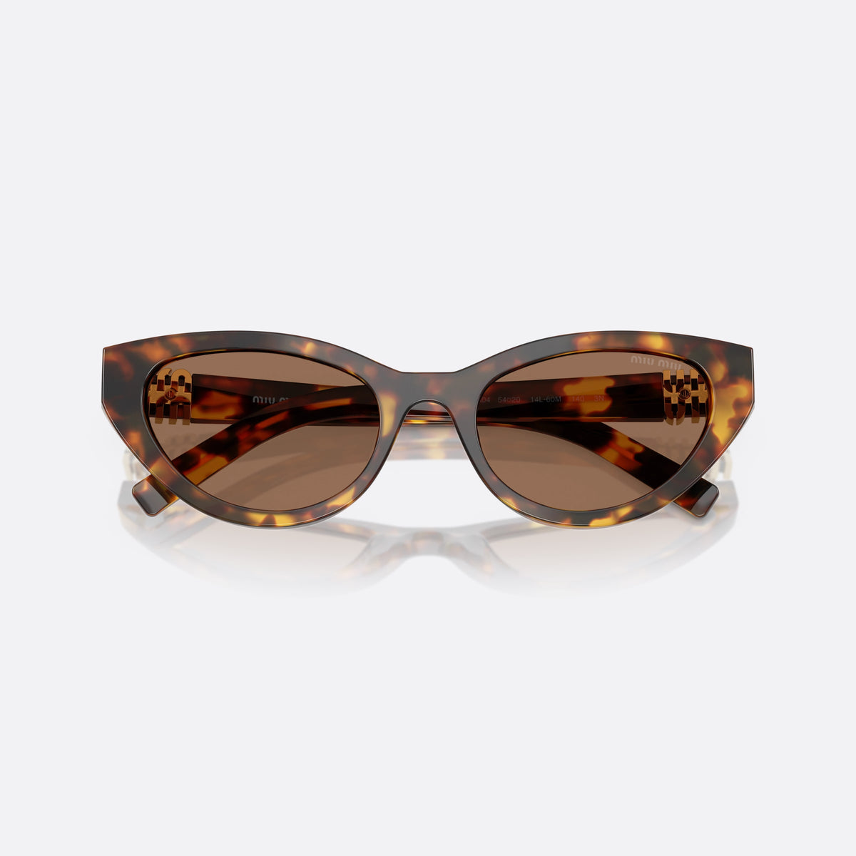 Miu Miu 0MU A04S 14L60M sunglasses, havana cat eye frame for women, plain bridge, brand lettering on temples, full-rim frame, folded
