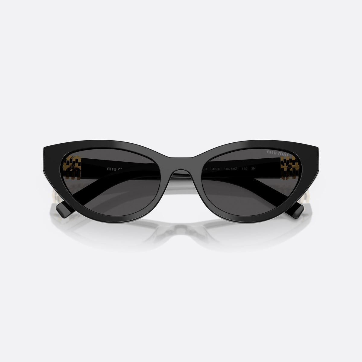Ochelari de soare Miu Miu 0MU A04S 16K08Z, cat eye negru, pentru femei, punte keyhole, literele brandului pe brațe, ramă completă, cu brațele pliate