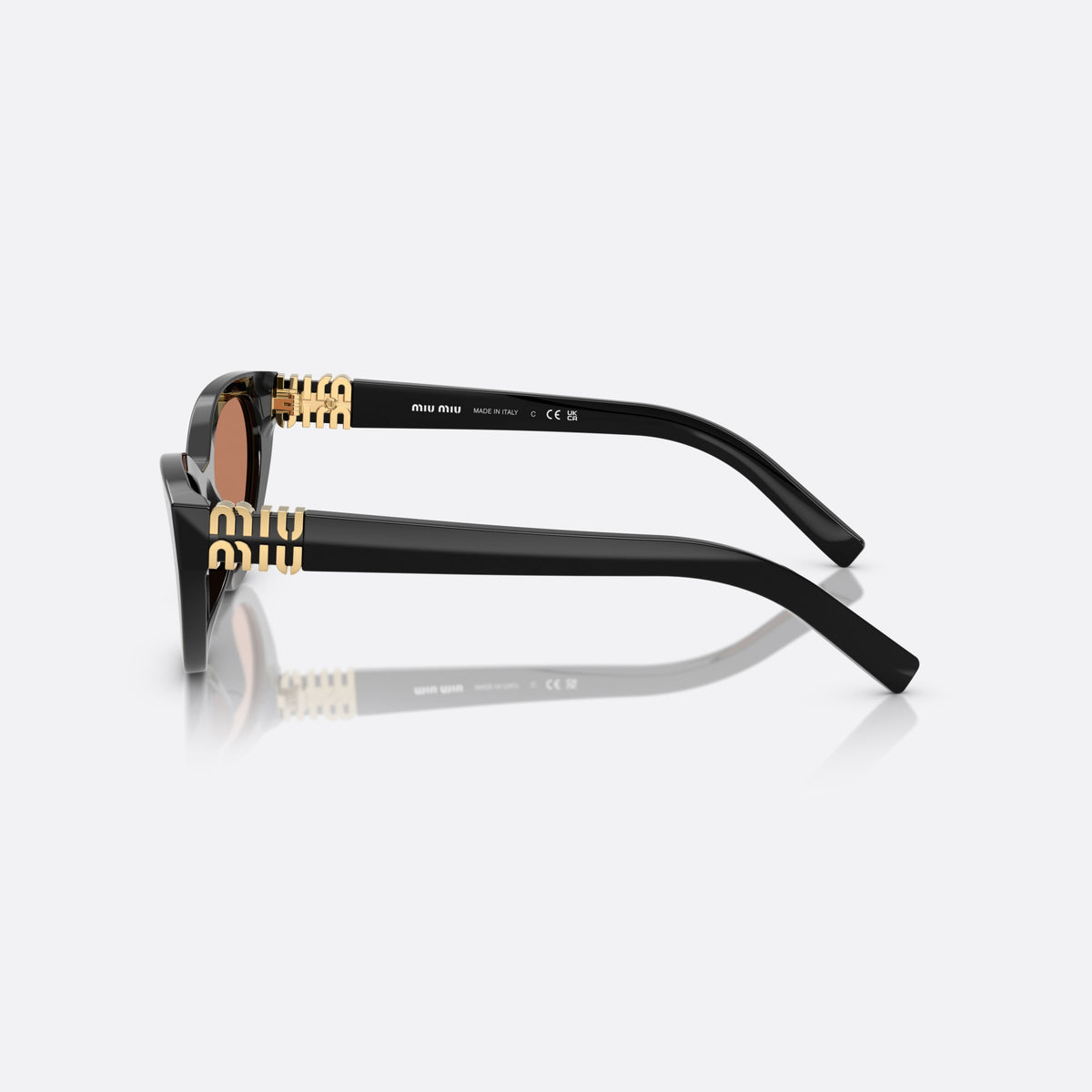 Ochelari de soare Miu Miu 0MU A04S 16K10I, cat eye negru, pentru femei, punte integrată solidă, logo al brandului pe plăcuțe, vedere laterală