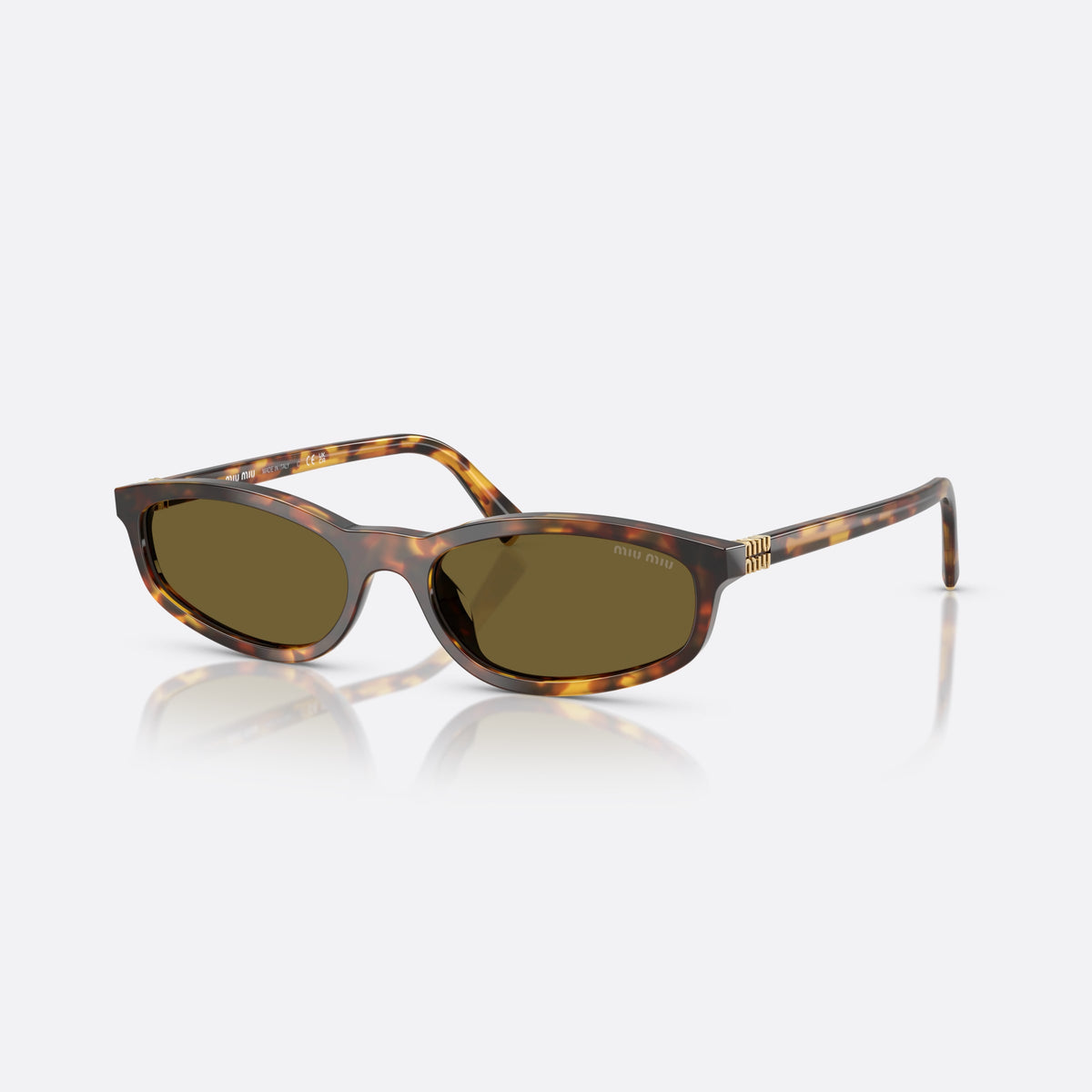 Miu Miu 0MU A06S 14L09Z sunglasses, havana oval frame for women, plain integrated bridge, brand lettering on temples