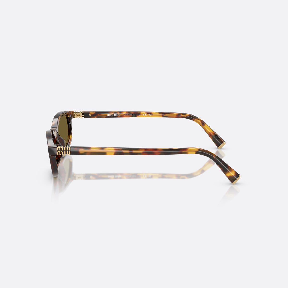 Miu Miu 0MU A06S 14L09Z sunglasses, havana oval frame for women, plain integrated bridge, brand lettering on temples, side view