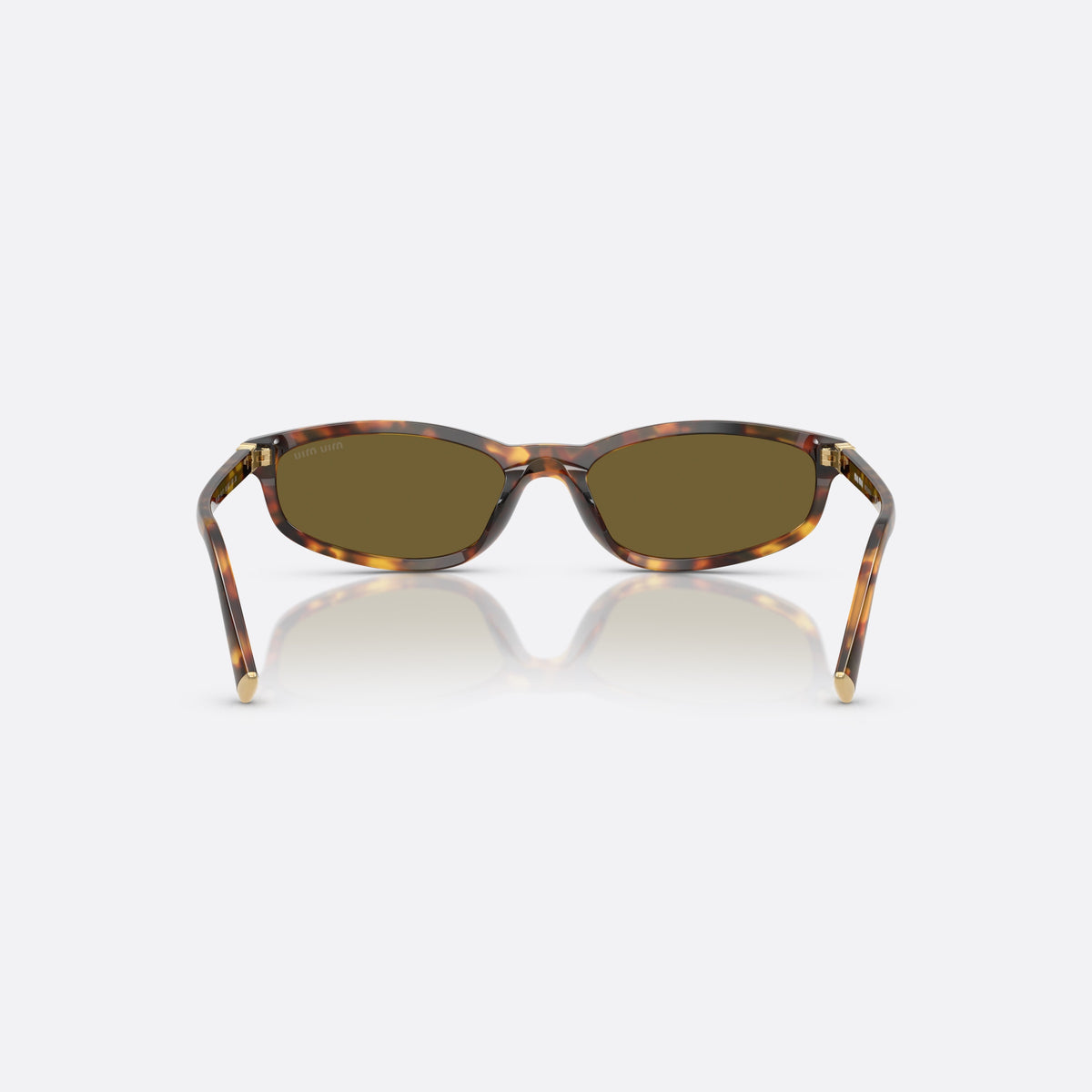 Miu Miu 0MU A06S 14L09Z sunglasses, havana oval frame for women, plain integrated bridge, brand lettering on temples, back view
