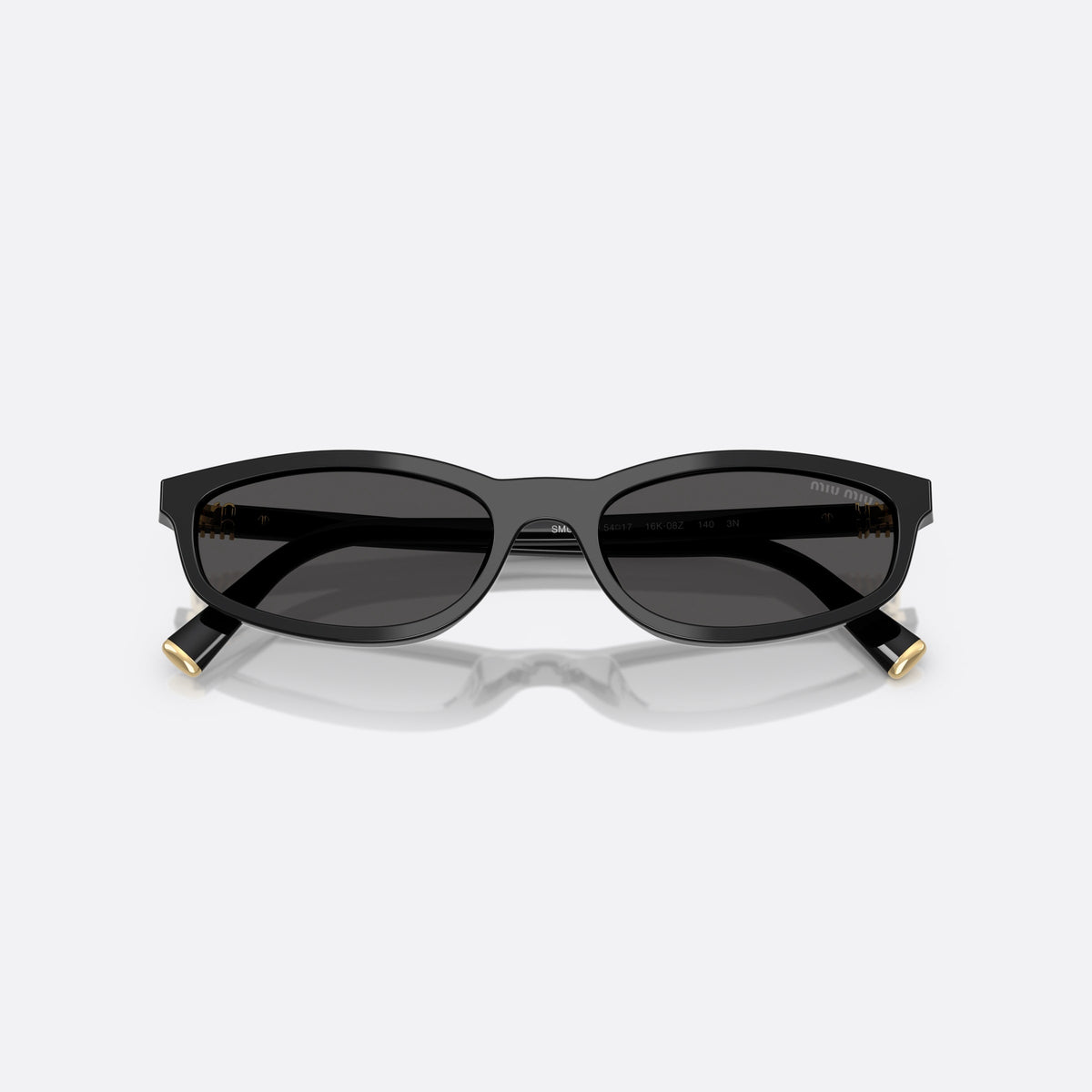 Ochelari de soare Miu Miu 0MU A06S 16K08Z, ovali negru, pentru femei, punte simplă, literele brandului pe brațe, ramă completă, cu brațele pliate