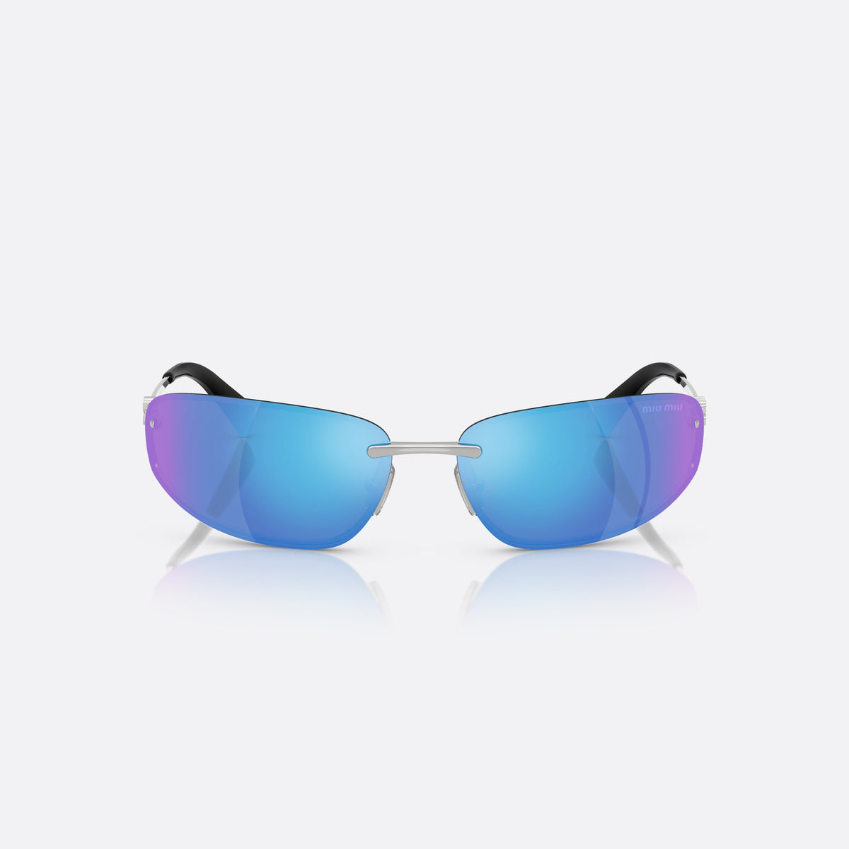 Ochelari de soare Miu Miu 0MU A50S 1BC10K, geometrica argintiu, pentru femei, punte metalică, literele brandului pe brațe, vedere din față