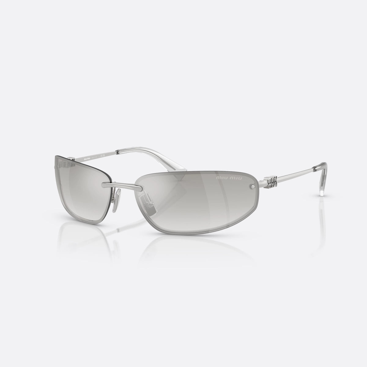 Miu Miu 0MU A50S 1BC8H1 sunglasses, silver geometric frame for women, plain metal bar bridge, brand lettering on temples