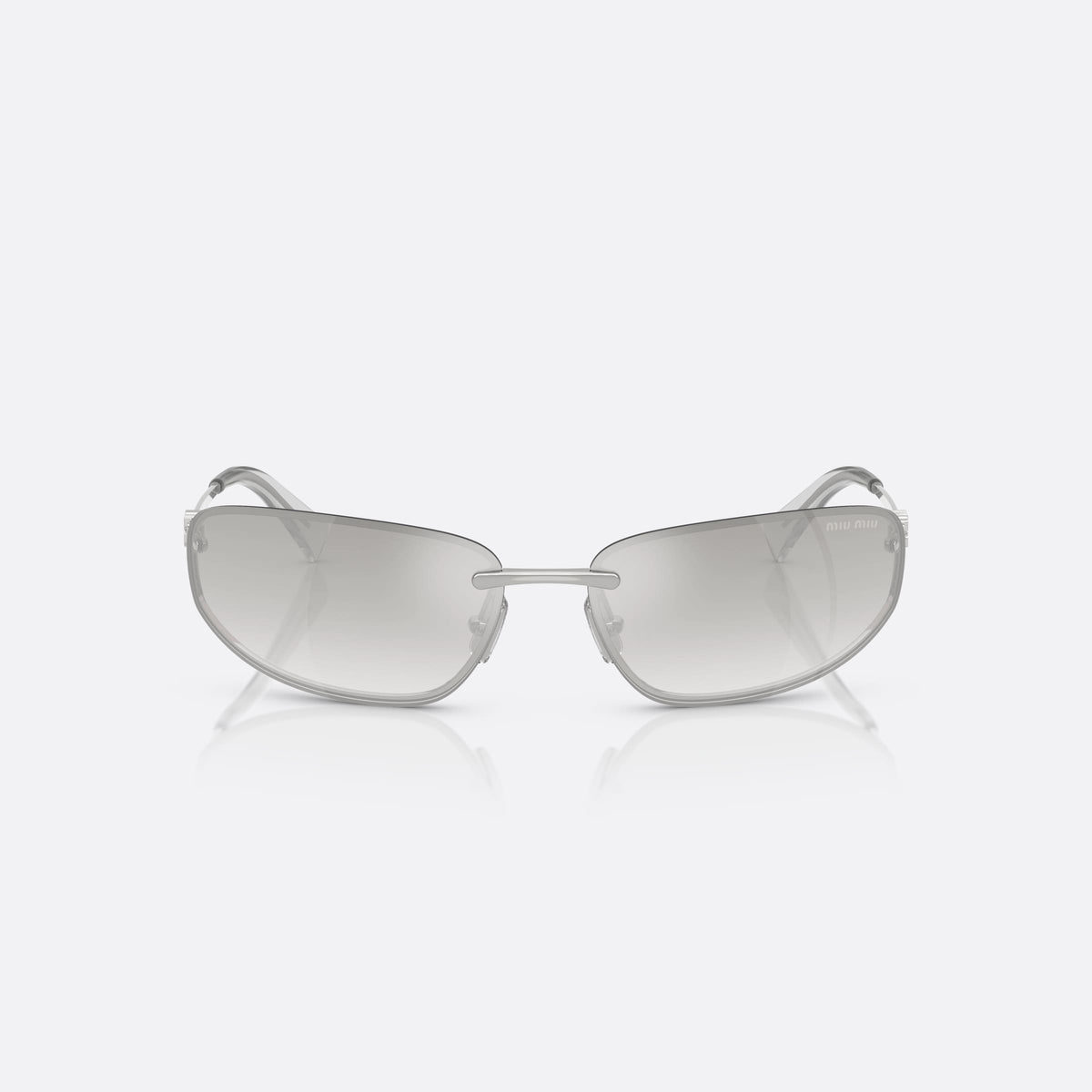 Miu Miu 0MU A50S 1BC8H1 sunglasses, silver geometric frame for women, plain metal bar bridge, brand lettering on temples, front view