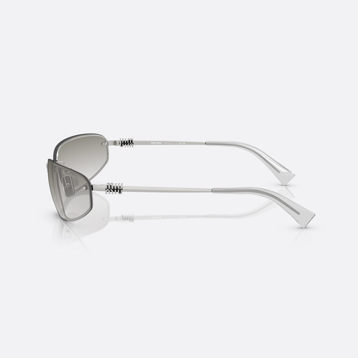 Miu Miu 0MU A50S 1BC8H1 sunglasses, silver geometric frame for women, plain metal bar bridge, brand lettering on temples, side view
