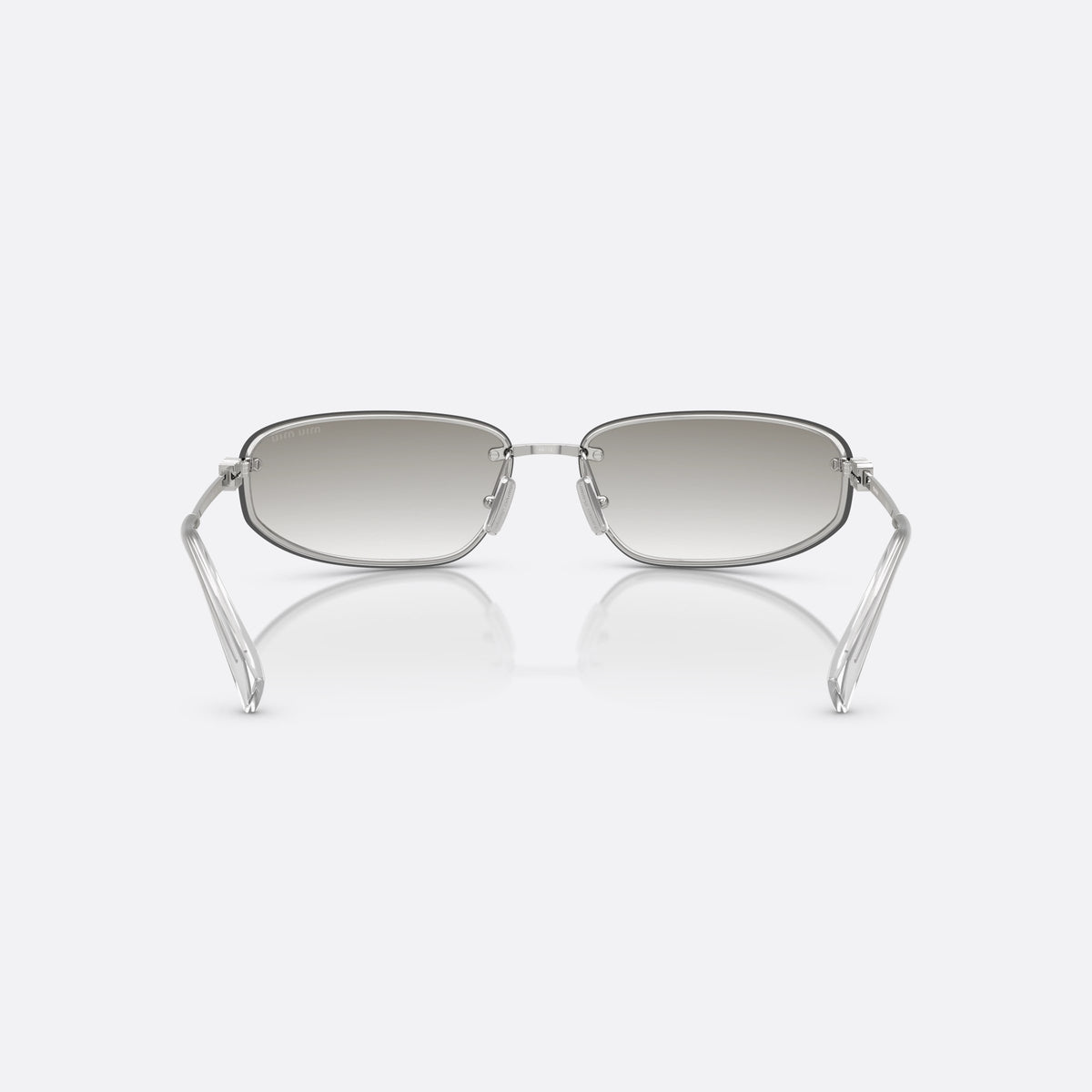 Miu Miu 0MU A50S 1BC8H1 sunglasses, silver geometric frame for women, plain metal bar bridge, brand lettering on temples, back view