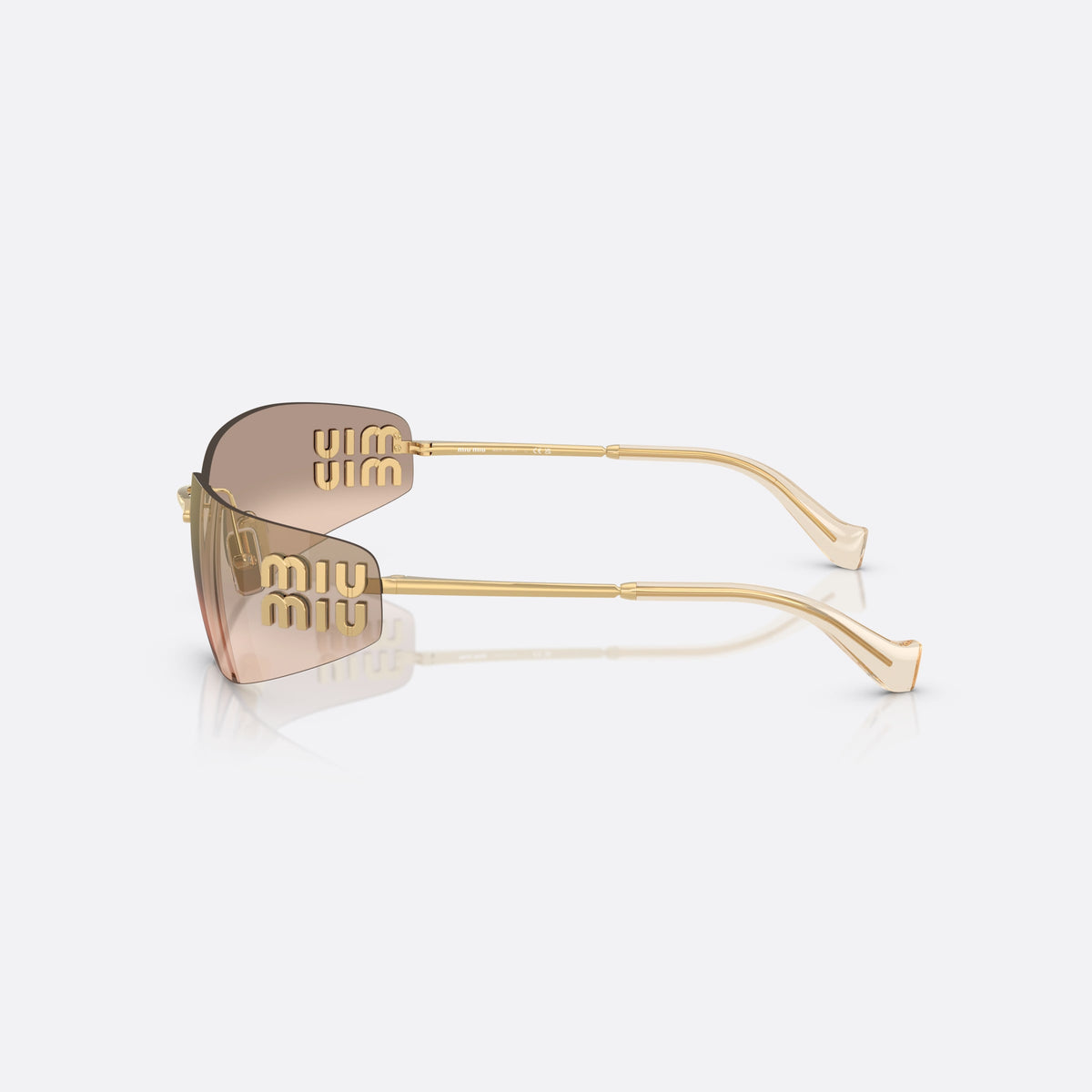Ochelari de soare Miu Miu 0MU A51S 5AK20P, geometrica auriu, pentru femei, punte metalică simplă, literele brandului pe brațe, vedere laterală