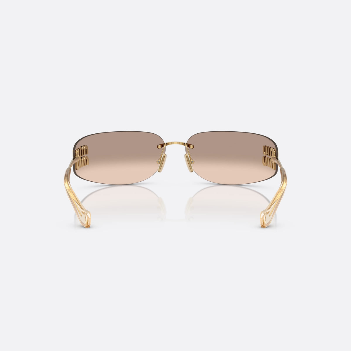 Ochelari de soare Miu Miu 0MU A51S 5AK20P, geometrica auriu, pentru femei, punte metalică simplă, literele brandului pe brațe, vedere din spate