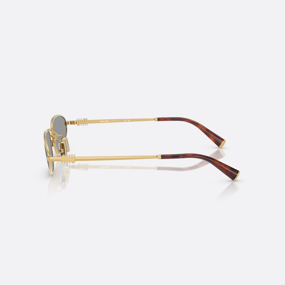 Ochelari de soare Miu Miu 0MU A52S 5AK40O, ovali auriu, pentru femei, punte metalică simplă, literele brandului pe brațe, vedere laterală