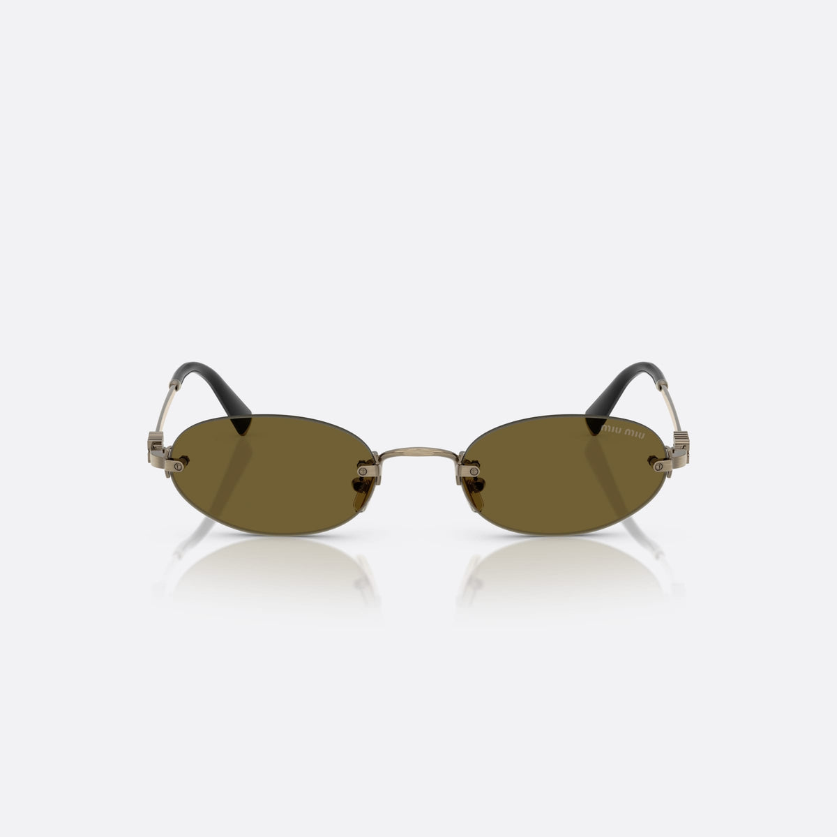Miu Miu 0MU A54S 26C09Z sunglasses, gold oval frame for women, thin metal bridge, brand logo plaque on temples, front view