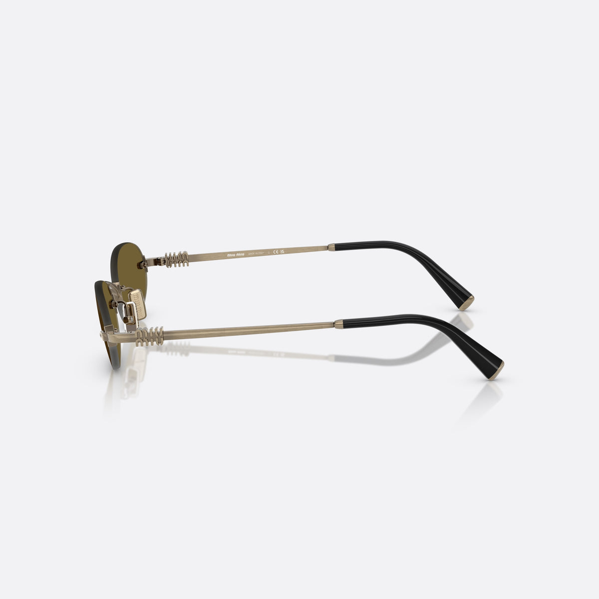 Miu Miu 0MU A54S 26C09Z sunglasses, gold oval frame for women, thin metal bridge, brand logo plaque on temples, side view