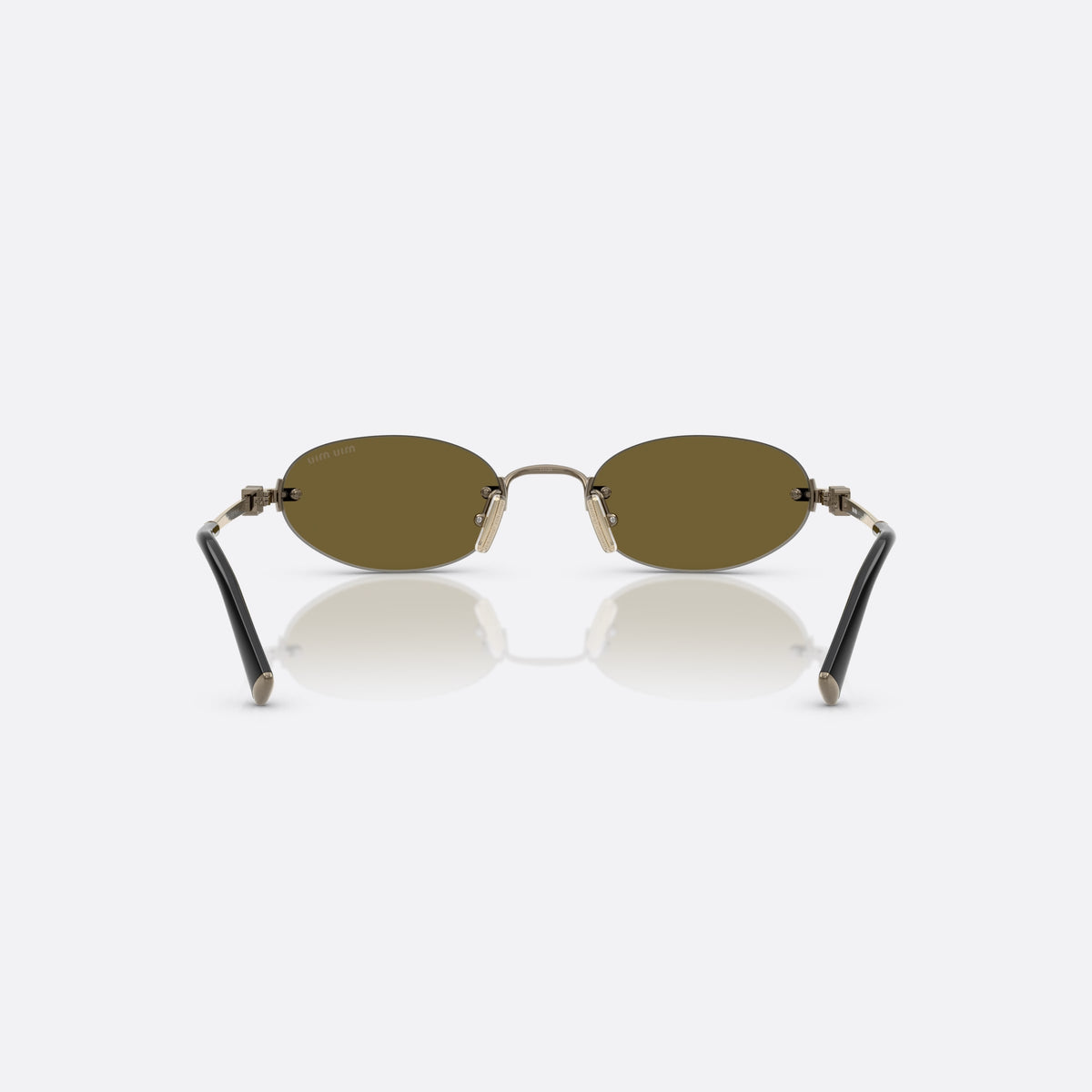 Miu Miu 0MU A54S 26C09Z sunglasses, gold oval frame for women, thin metal bridge, brand logo plaque on temples, back view