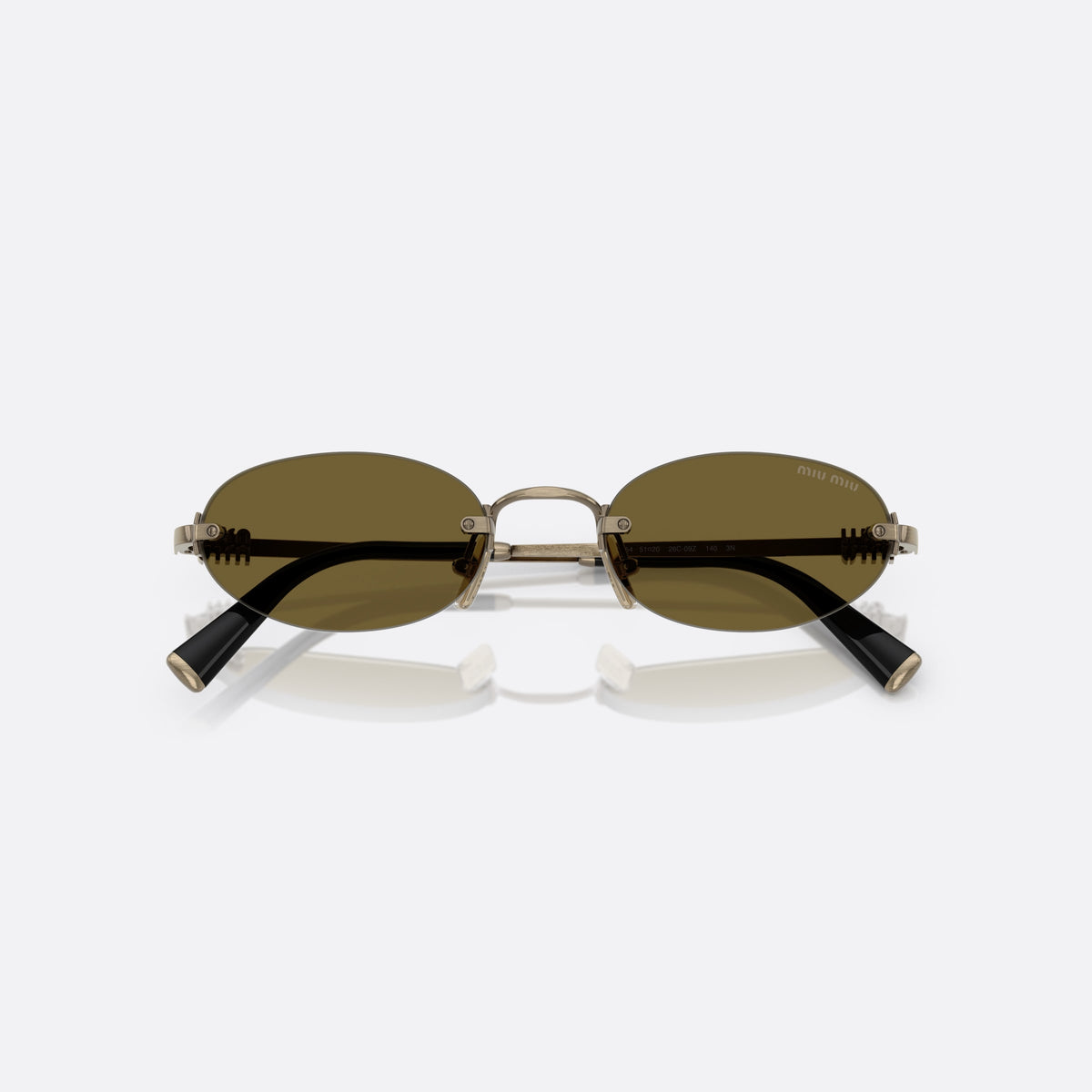 Miu Miu 0MU A54S 26C09Z sunglasses, gold oval frame for women, thin metal bridge, brand logo plaque on temples, folded