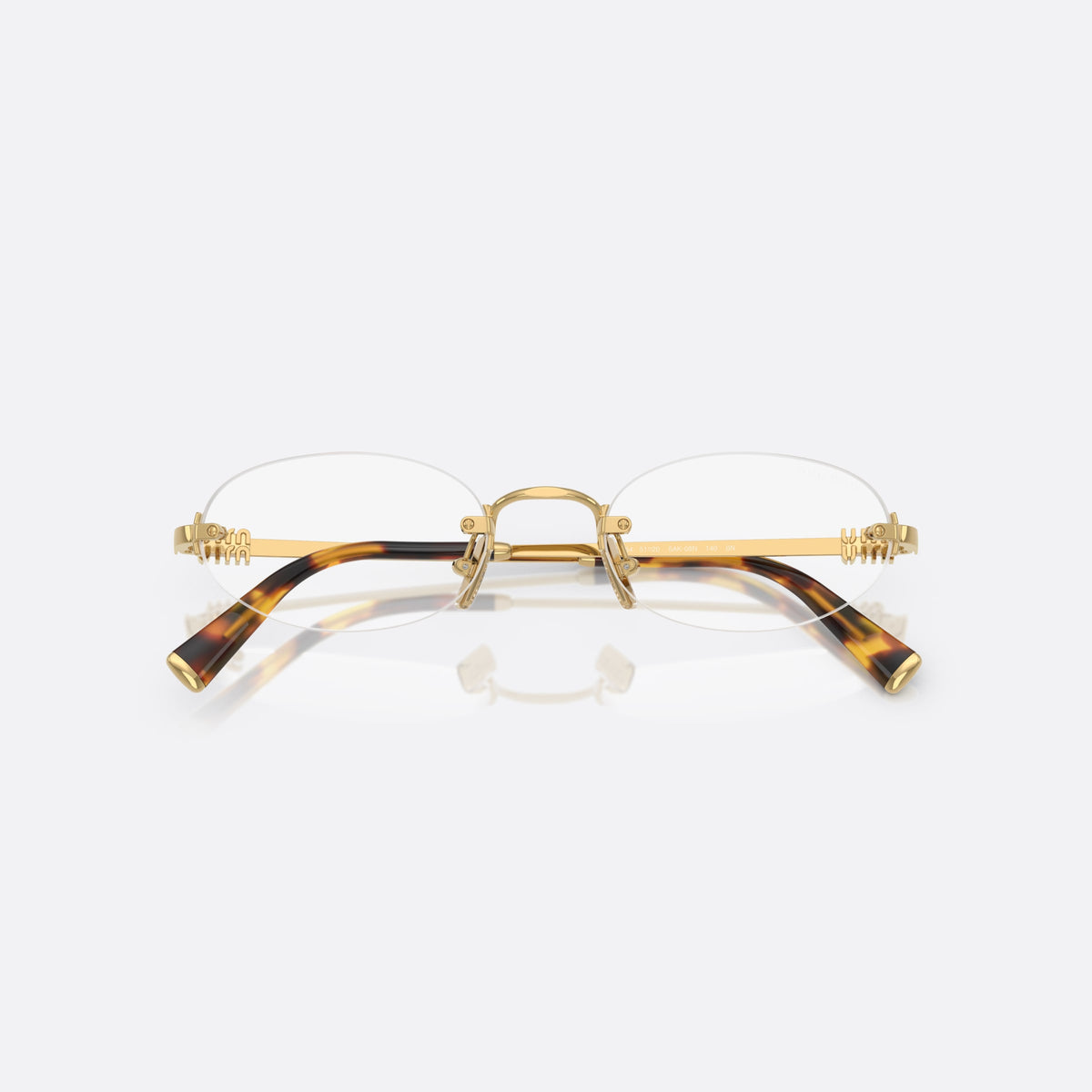 Ochelari de soare Miu Miu 0MU A54S 5AK08N, ovali auriu, pentru femei, punte metalică simplă, literele brandului pe brațe, cu brațele pliate