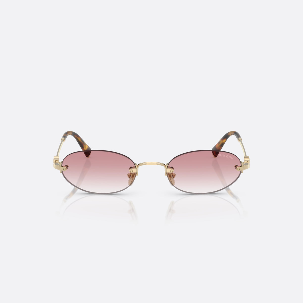 Miu Miu 0MU A54S ZVN70O sunglasses, gold oval frame for women, thin metal bridge, brand lettering on temples, front view