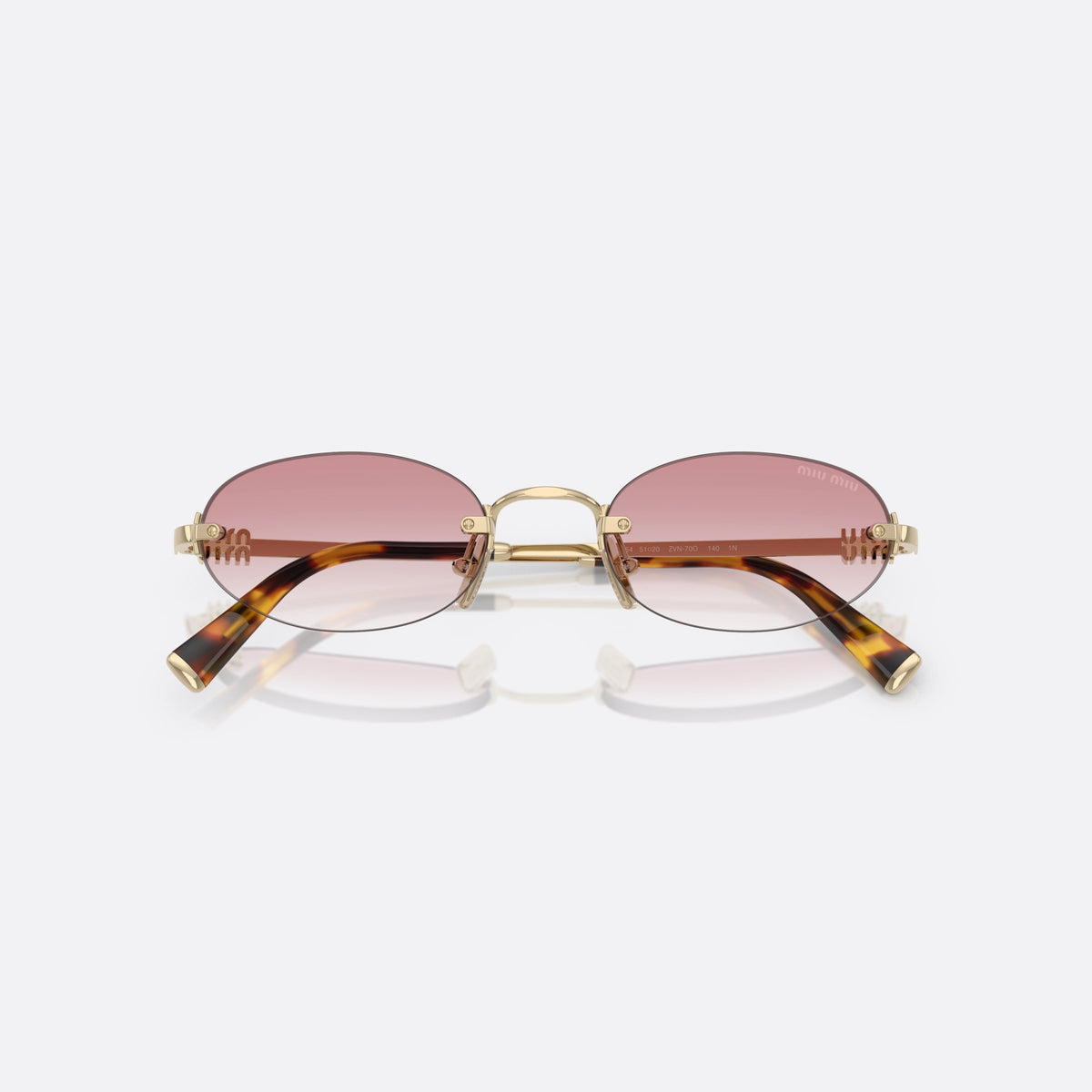 Miu Miu 0MU A54S ZVN70O sunglasses, gold oval frame for women, thin metal bridge, brand lettering on temples, folded