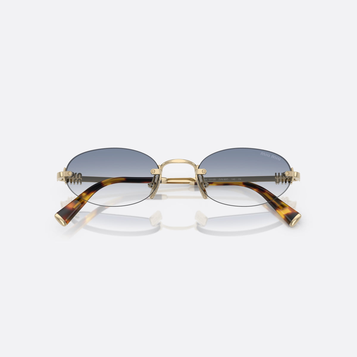 Miu Miu 0MU A54S ZVN80O sunglasses, gold oval frame for women, thin metal bridge, brand logo plaque on temples, folded