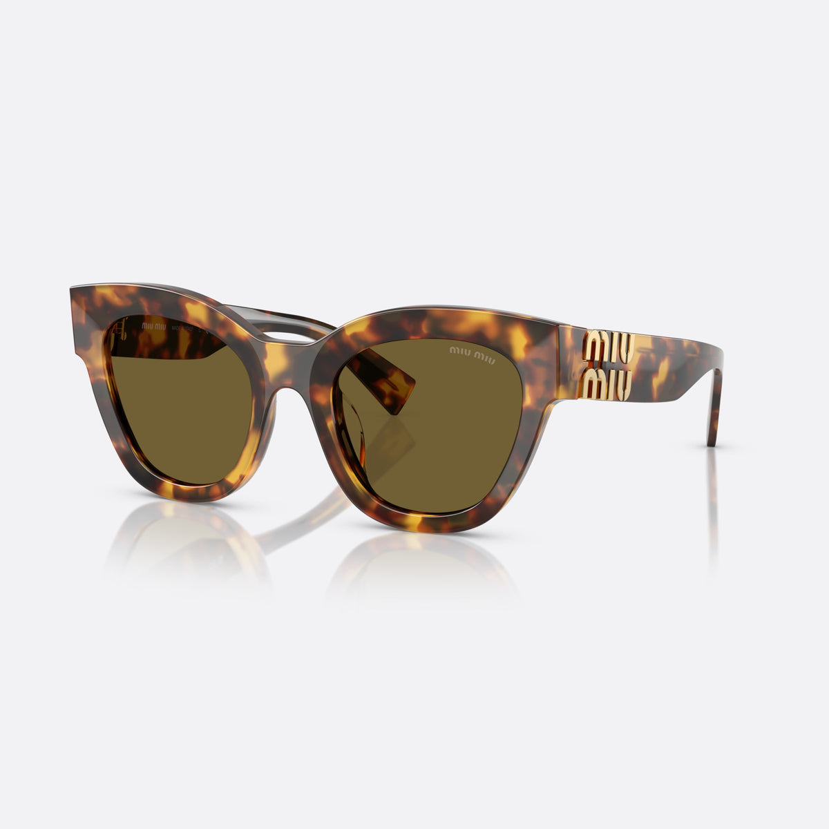Miu Miu Glimpse MU 01YS 14L09Z sunglasses, havana butterfly frame, unisex, plain bridge, brand lettering on temple