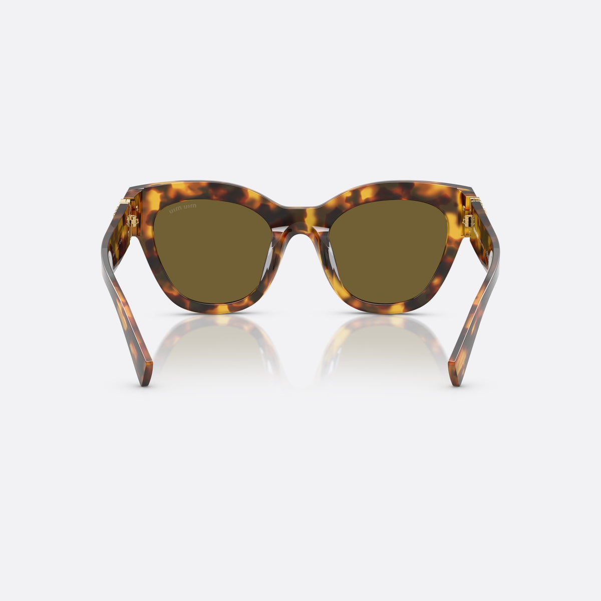 Miu Miu Glimpse MU 01YS 14L09Z sunglasses, havana butterfly frame, unisex, plain bridge, brand lettering on temple, back view