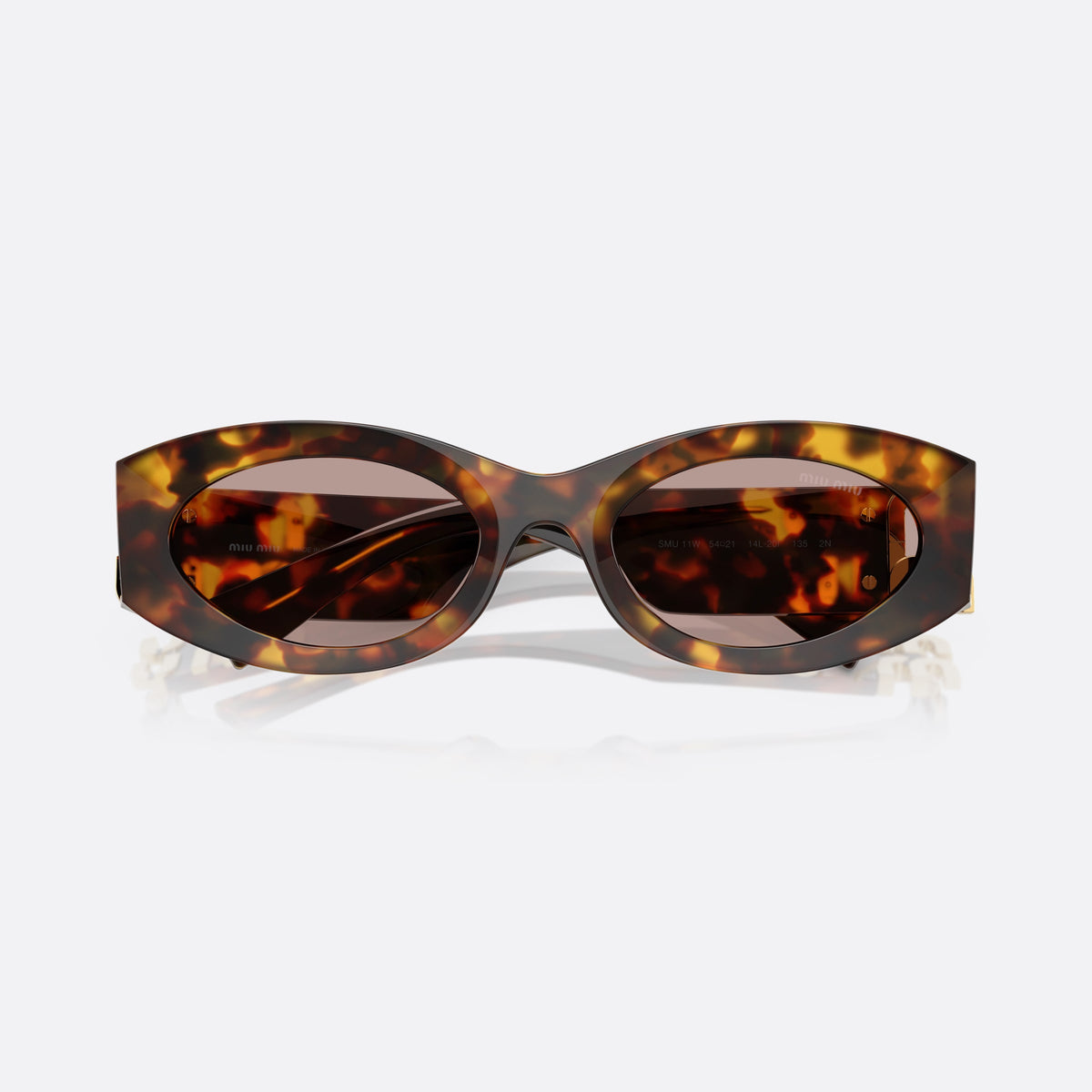 Miu Miu Glimpse MU 11WS 14L20I sunglasses, havana oval frame for women, plain integrated bridge, brand lettering on temples, folded