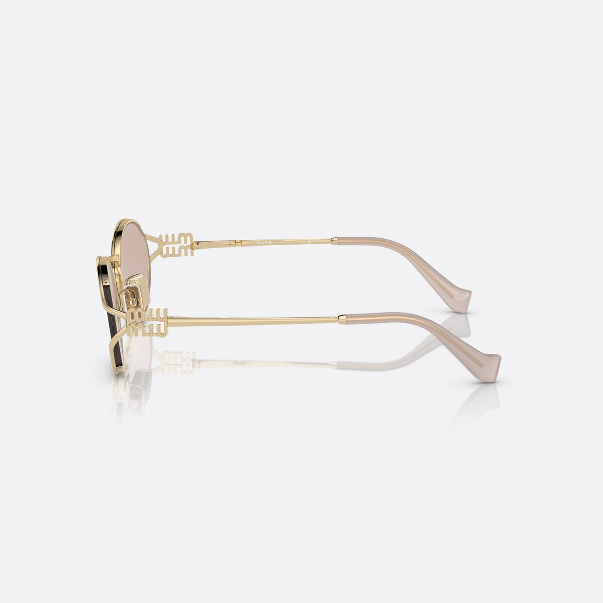 Miu Miu Logo MU 52YS ZVN-20F sunglasses, gold round frame for women, thin saddle metal bridge, brand lettering on rims, side view