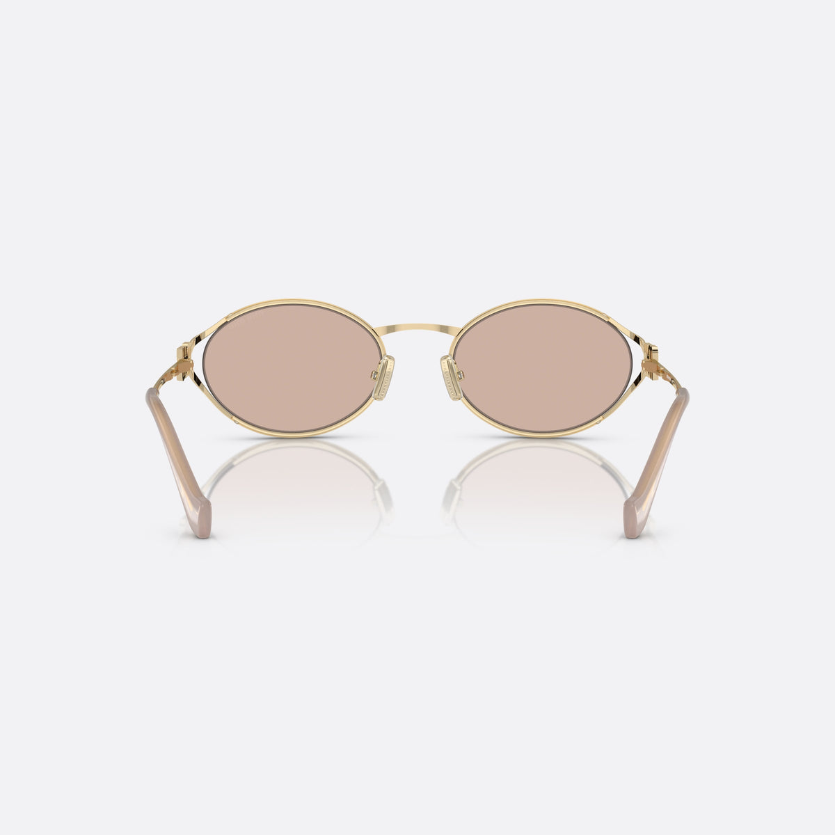 Miu Miu Logo MU 52YS ZVN-20F sunglasses, gold round frame for women, thin saddle metal bridge, brand lettering on rims, back view