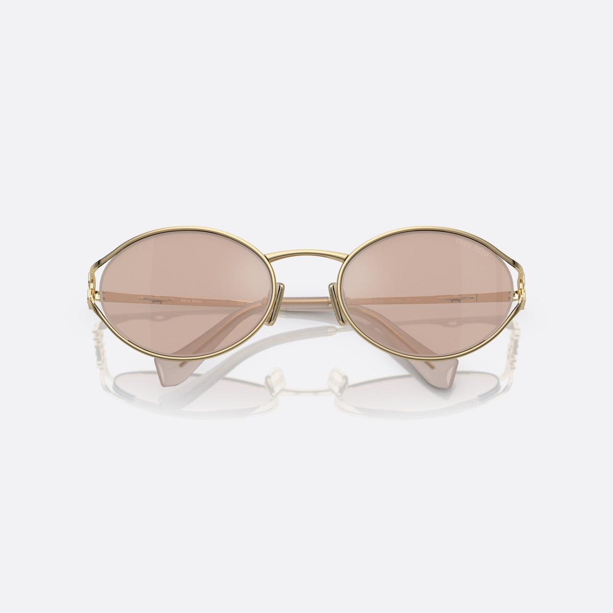 Miu Miu Logo MU 52YS ZVN-20F sunglasses, gold round frame for women, thin saddle metal bridge, brand lettering on rims, folded