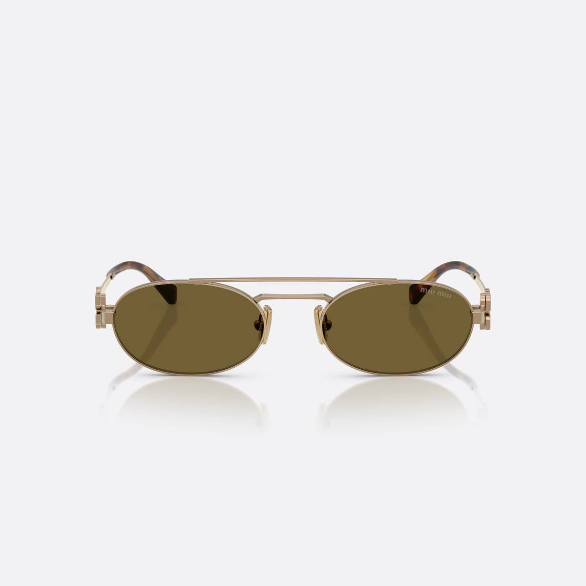 Miu Miu Logo MU 54ZS 7OE09Z sunglasses, gold geometric frame for women, double bridge with metal bar, brand lettering on temples, front view