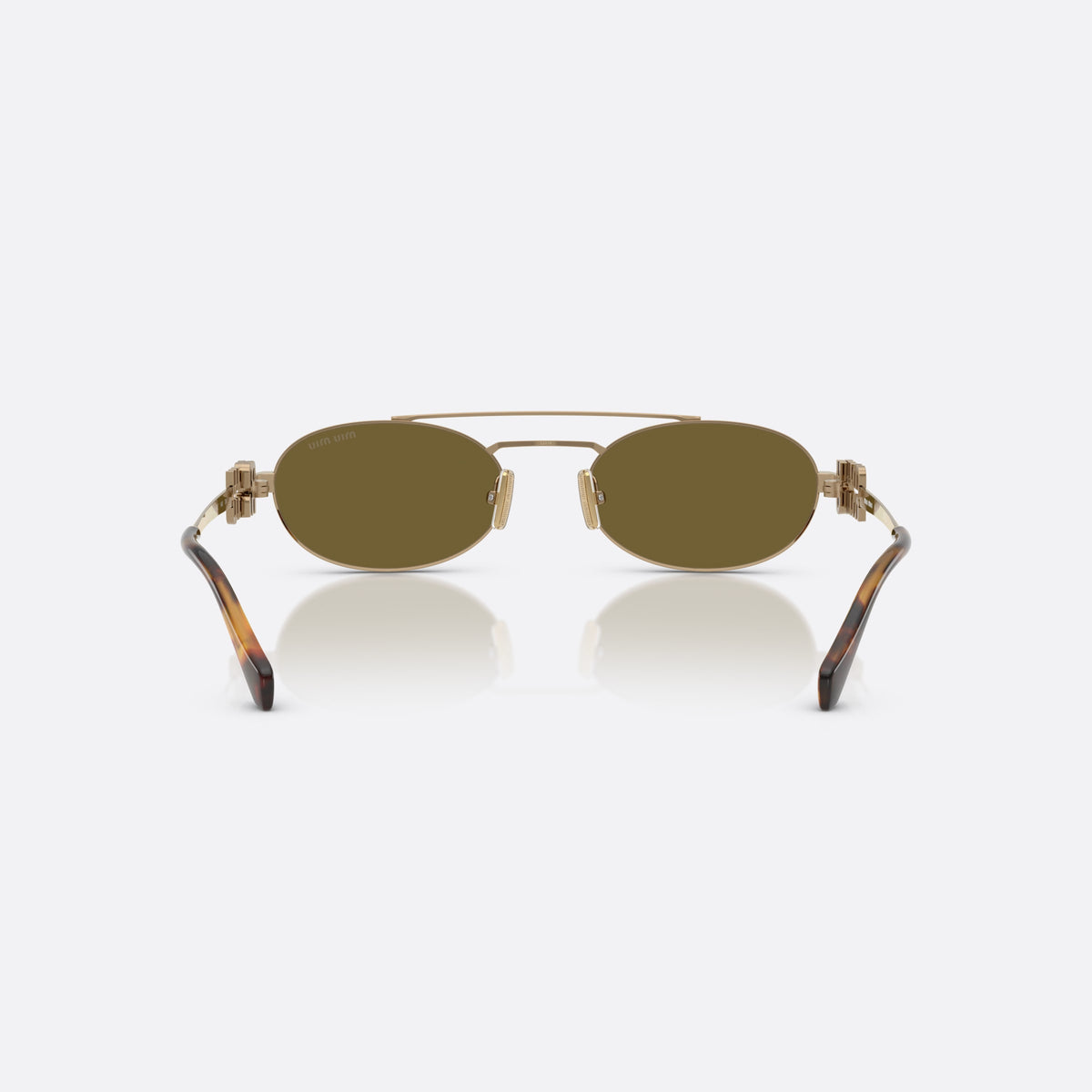Miu Miu Logo MU 54ZS 7OE09Z sunglasses, gold geometric frame for women, double bridge with metal bar, brand lettering on temples, back view
