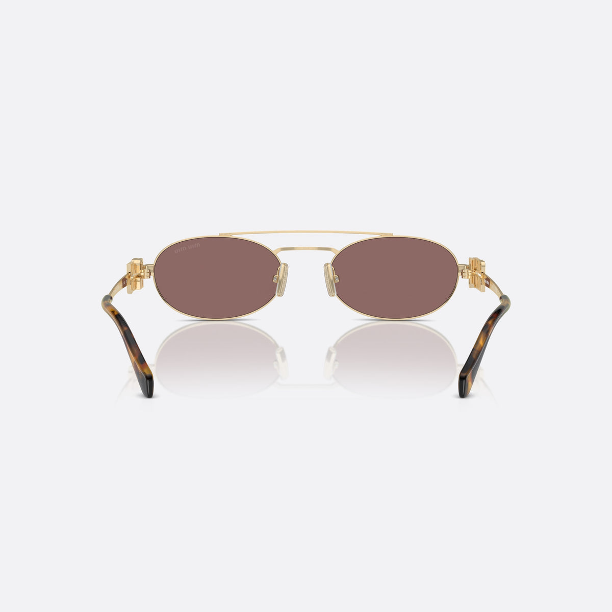 Ochelari de soare Miu Miu Logo MU 54ZS ZVN-70D, geometrica auriu, pentru femei, punte dublă cu bară superioară, placă cu logo pe brațe, vedere din spate